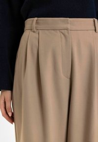 Beige geplooide broek van zachte stof met een gladde textuur, voorzien van een tailleband en een subtiel detail van een zijvak.