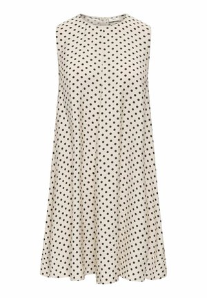 Hihaton beige mekko, jossa mustat pilkut, pyöreä pääntie ja levenevä A-linjainen siluetti.