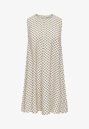 Hihaton beige mekko, jossa mustat pilkut, pyöreä pääntie ja levenevä A-linjainen siluetti.