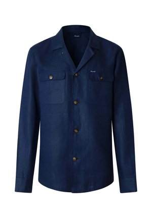 Marineblauw overhemd met lange mouwen, knoopsluiting, twee borstzakken en een kraag, gemaakt van een gestructureerde stof.