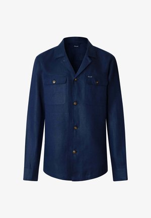 Marineblauw overhemd met lange mouwen, knoopsluiting, twee borstzakken en een kraag, gemaakt van een gestructureerde stof.
