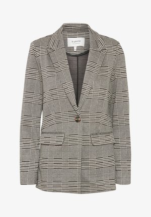 Sivi karirani sako izrađen od tkanine. Ima režnjaste reveri, pojedinačno dugme, dva prednja džepa i strukturiranu siluetu.