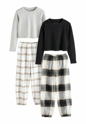 Set di tre capi di abbigliamento per il tempo libero: un top grigio chiaro a maniche lunghe e corto, un top nero a maniche lunghe e corto, e pantaloni da pigiama a quadri bianchi, grigi e neri.