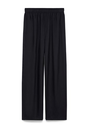 Black wide-leg trousers made of a smooth, lightweight fabric. Features an elastic waistband for comfort and a simple, minimalist design.