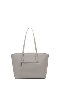 Grijze synthetische totebag met twee handvatten, een ritsvak aan de voorkant, rechthoekige vorm, gestructureerde afwerking en geen zichtbare accenten of patronen.