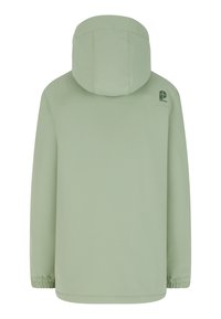 Giacca verde chiaro con cappuccio e polsini elasticizzati, caratterizzata da una texture liscia e un logo sulla parte superiore della schiena. Design semplice e pulito.
