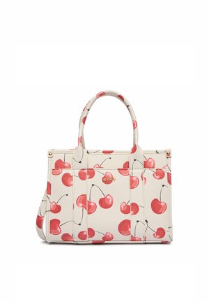 Bolso color crema con estampados de cerezas rojas, asas dobles y logo dorado "JENNY" en el centro frontal.