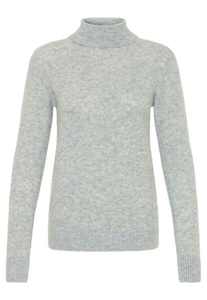 Light grey turtleneck sweater made of soft material, featuring long sleeves, ribbed collar, and cuff detailing. Smooth texture with subtle pattern.
