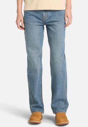 Jeans dritti azzurro chiaro in denim, con classico design a cinque tasche, cuciture a contrasto e finitura leggermente sbiadita.