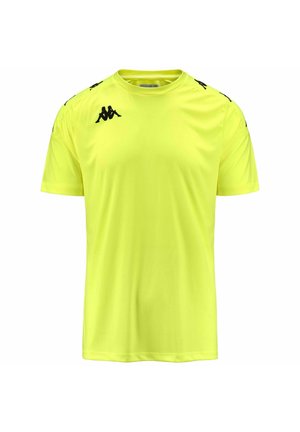 Maglietta atletica a maniche corte di colore giallo fluorescente realizzata in tessuto morbido, con accenti di logo neri sulle spalle.