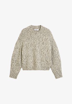 Hellgrauer und cremfarbiger gestrickter Pullover mit rundem Ausschnitt, langen Ärmeln und geripptem Saum. Verfügt über ein strukturiertes, mehrfarbiges Muster.
