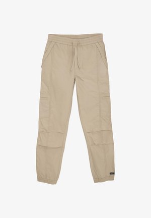 Beige cargobukser med elastisk talje, sidelommer og syede detaljer på benene; lavet af let materiale.