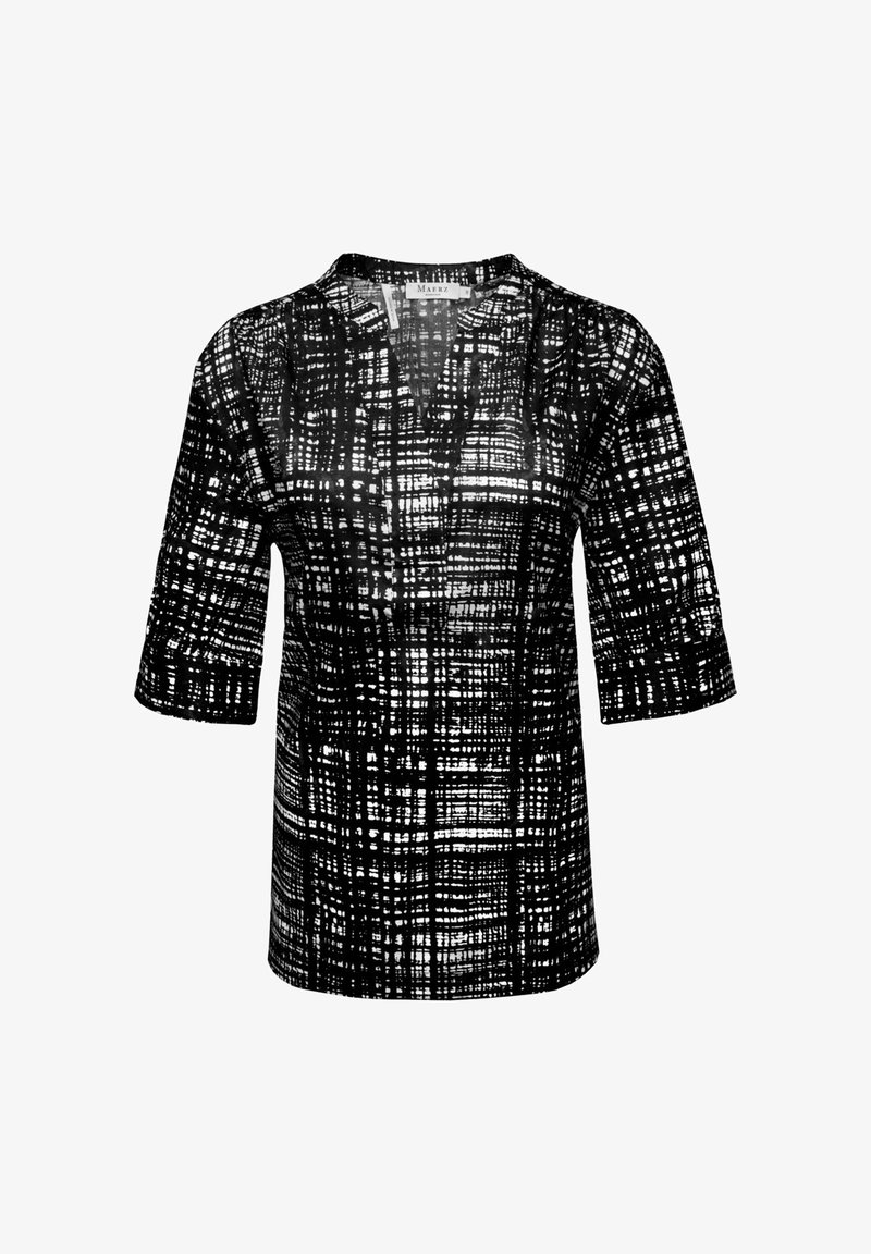 Schwarz-weiße karierte Bluse mit V-Ausschnitt, Dreiviertelärmeln und lockerer Passform. Hergestellt aus leichtem, strukturiertem Stoff.