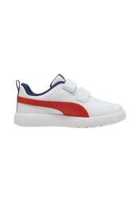 Sneaker bianche con accenti rossi e interno blu, caratterizzate da una tomaia sintetica liscia e due cinturini in Velcro per una facile chiusura.