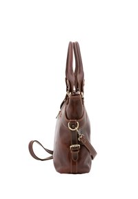 Borsa a mano in pelle marrone con manici doppi, tracolla regolabile, dettagli in oro e cuciture a contrasto. Presenta una forma strutturata e arrotondata.