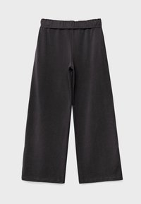 Pantaloni neri a gamba larga con vita elastica, lunghezza completa, tessuto morbido, stile casual.
