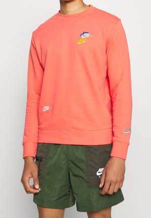 Person trägt ein korallenfarbenes Nike-Sweatshirt mit langen Ärmeln und mehrfarbigen Logos sowie grüne Nike-Shorts mit Logo am rechten Bein.