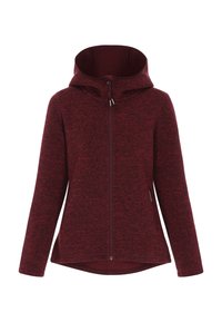 Burgundy hooded jacket with a zip front, soft texture, long sleeves, and a high-low hem. Features subtle pattern and logo detail.