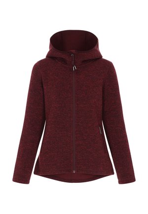 Bordeaux hoodie met een ritssluiting aan de voorkant, zachte textuur, lange mouwen en een asymmetrische zoom. Heeft subtiele patronen en logo-details.