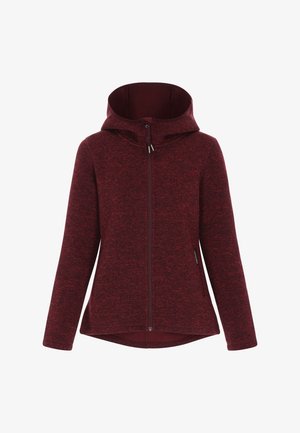 Chaqueta con capucha burdeos con cremallera frontal, textura suave, mangas largas y dobladillo asimétrico. Presenta un patrón sutil y detalles del logo.