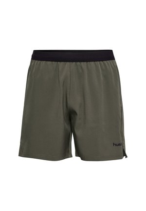 Olivgrüne Sportshorts mit schwarzem elastischem Bund und kleinem schwarzem Logo am linken Oberschenkel, flaches Vorderteil.
