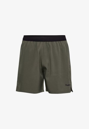 Olivengrønne atletikshorts med sort elastisk taljebånd og lille sort logo på venstre lår, fladt frontdesign.