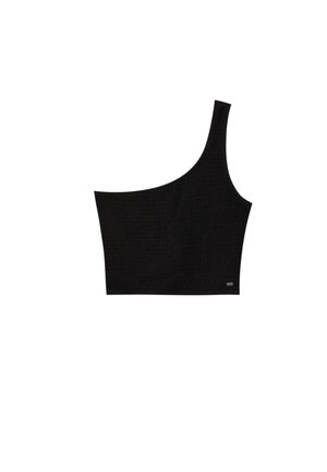 Black one-shoulder crop top made of textured fabric with a fitted design. Features a smooth neckline and subtle logo detail at the hem.