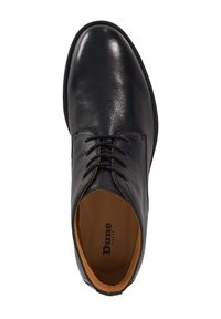 Black leather lace-up shoe with a smooth, shiny finish. Interior features tan lining. Rounded toe and minimal stitching detail.