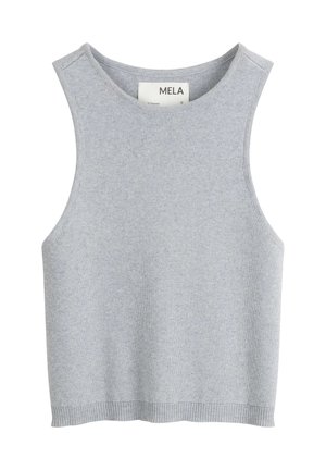 Helles graues, ärmelloses Top aus geripptem Strickstoff; verfügt über einen runden Halsausschnitt und einen geraden Saum mit einer subtilen Textur im gesamten Material.