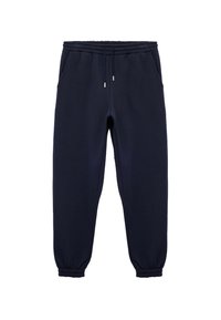 Marineblå sweatpants lavet af blødt stof, med elastisk talje og snoretræk, sidelommer og tapered manchetter ved anklerne.