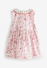 Mouwloze roze peuterjurk met geplooide rok, bloemen- en hartmotieven, versierd met kleine dierenillustraties en een witte kraag met rode rand.