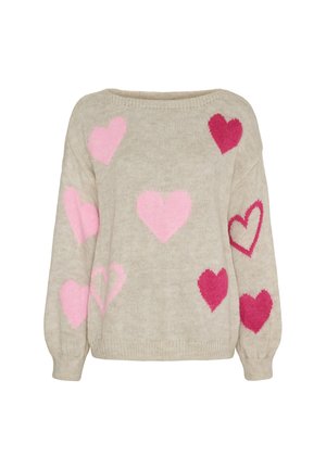 Beige strikket sweater med oversize pasform, der har forskellige pink hjerte mønstre. Tekstureret stof og ribstrikkede manchetter og kant.