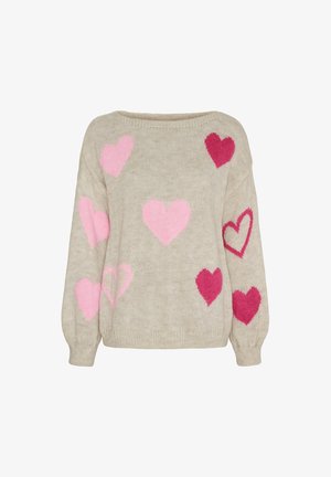 Beige strikket sweater med oversize pasform, der har forskellige pink hjerte mønstre. Tekstureret stof og ribstrikkede manchetter og kant.