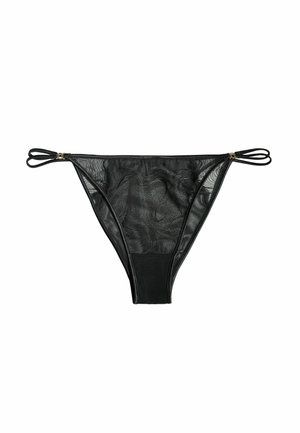 Schwarzer, durchsichtiger Netz-Bikini-Slip mit doppelten Seitenriemen und goldfarbenen Metallakzenten vor weißem Hintergrund.