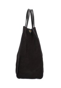 Borsa tote in suede nero con forma allungata, sottili manici in pelle e chiusura a bottone in ottone. Texture liscia con dettagli di cucitura minimi.