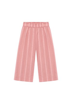 Pantalones de pierna ancha en color rosa con un patrón de rayas texturizadas, cintura elástica y ajuste holgado. Tela ligera adecuada para clima cálido.