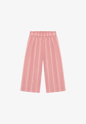 Roze broek met wijde pijpen, een getextureerd streeppatroon, elastische tailleband en een losse pasvorm. Lichtgewicht stof, geschikt voor warm weer.