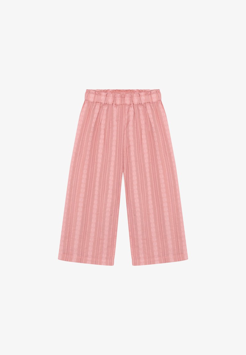 Rosa weit geschnittene Hose mit strukturiertem Streifenmuster, elastischem Bund und lockerem Sitz. Leichter Stoff, geeignet für warmes Wetter.