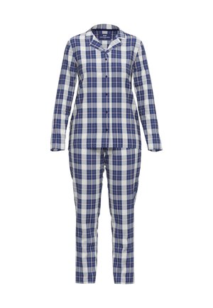 Completo pigiama a quadri blu e bianchi composto da una maglia a maniche lunghe con bottoni e pantaloni abbinati dalla linea dritta. Tessuto in cotone, texture morbida.