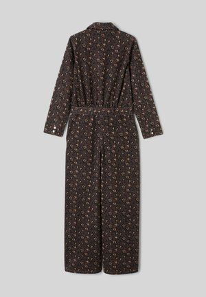 Combinaison noire avec un imprimé léopard dans des nuances de brun. Manches longues, col, taille cintrée et boutons décoratifs aux poignets.