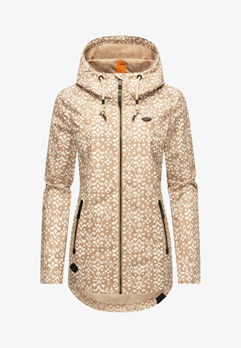 Beige hooded jacket with a white geometric pattern, featuring a front zipper, two side pockets, and adjustable drawstrings. Soft texture.