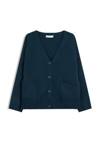 Tmavě modrý pletený svetr s V-výstřihem, dlouhými rukávy, žebrovanými okraji a dvěma předními kapsami. Má pět knoflíků na přední straně.