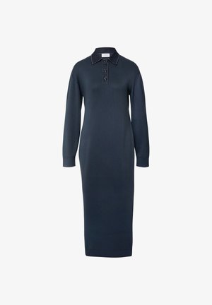 Navyblaues Langarm-Polo-Kleid aus weichem Stoff, mit einem kragenförmigen Ausschnitt, Knopfleiste und gerippten Bündchen an den Ärmeln.