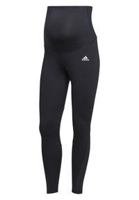 Leggings per maternità neri con vita alta, tessuto elasticizzato e liscio, e un piccolo logo bianco Adidas sul lato sinistro.
