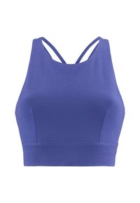 Purple sports bra with a fitted design, wide shoulder straps, and a smooth texture. Features a cropped length and seamless construction.