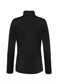 Maglietta nera a maniche lunghe con colletto alto, realizzata in tessuto liscio e elasticizzato; presenta un design aderente e senza cuciture visibili sul retro.