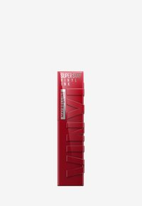 Contenitore cilindrico rosso con finitura lucida, testo del logo in rilievo e un tappo di sigillo prominente etichettato "SuperStay Vinyl Ink" di Maybelline.