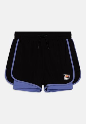 Czarne i fioletowe sportowe spodenki warstwowe z wiązanym paskiem w talii i logo Ellesse na przedniej prawej nodze.