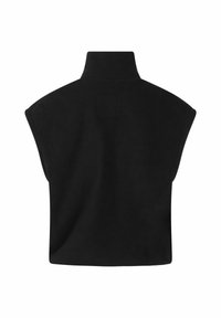 Schwarzer Fleece-Pullover mit hohem Kragen und weiten Ärmeln. Mit einem quadratischen Patch auf der Rückseite. Weicher Stoff, lockere Passform.
