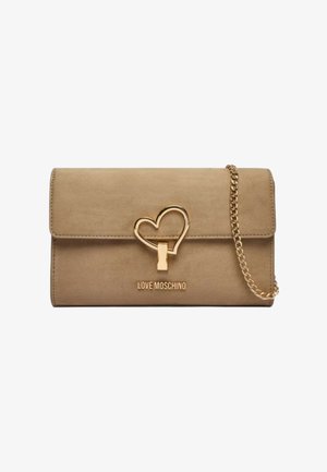 Beige suede clutch bag with a gold heart-shaped hardware clasp and chain strap, featuring embossed "LOVE MOSCHINO" logo on the front.